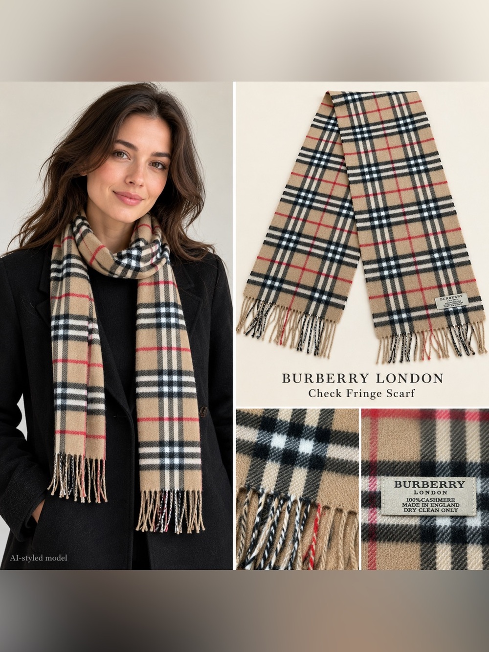 Burberry 100% Cashmere Tan Black White Red Check Fringe Scarf